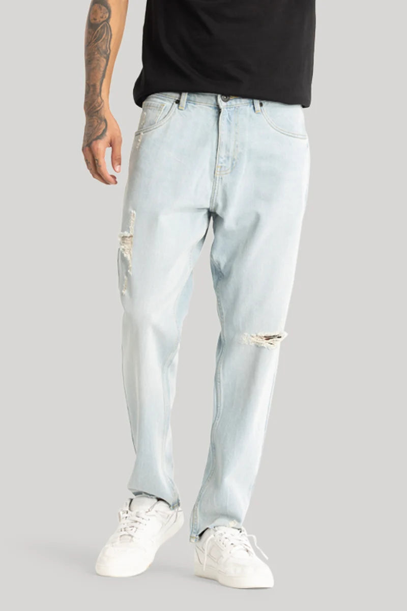 men's camping trousers-Sky Blue Distressed Baggy Fit Jeans