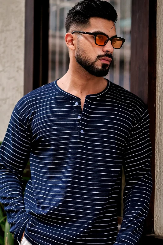 men's event t-shirts-Navy Blue Self Design Henley Neck T-Shirt