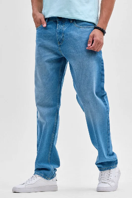 men's cropped pants-Denim Blue Relaxed Fit Jeans