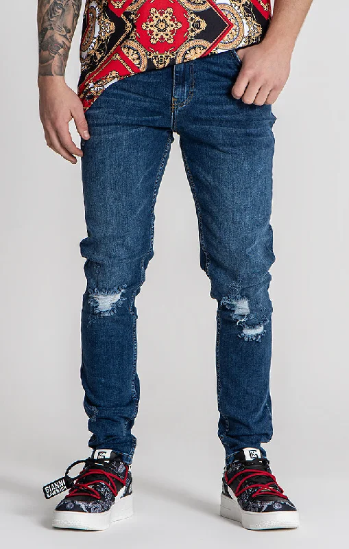 men's straight jeans-Dark Blue Core Ripped Slim Fit Jeans