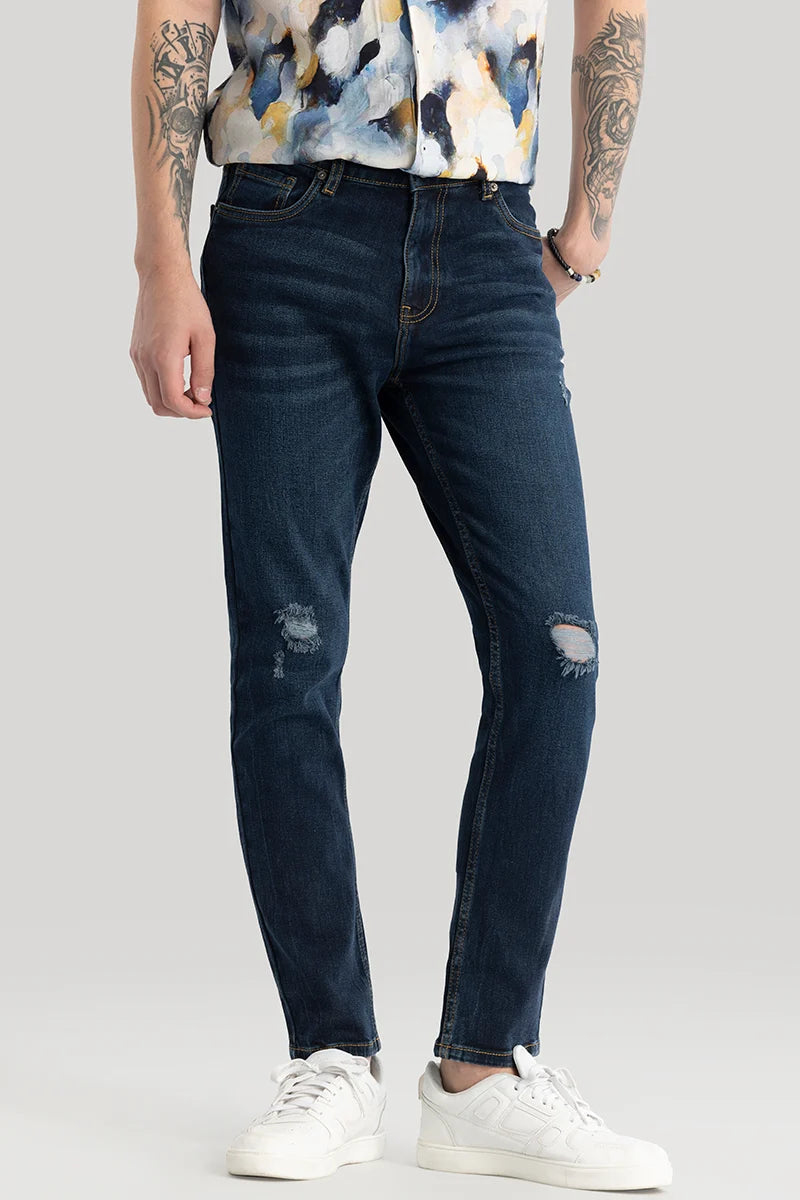 men's slim jeans-Pascaline Navy Distressed Slim Fit Jeans