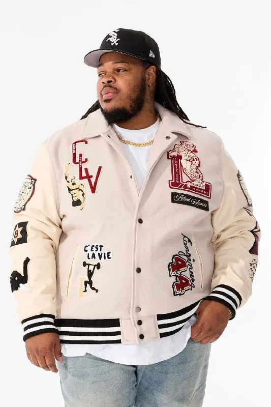 men's biker jackets-Big Men's Carpe Diem Varsity Jacket (Bone)