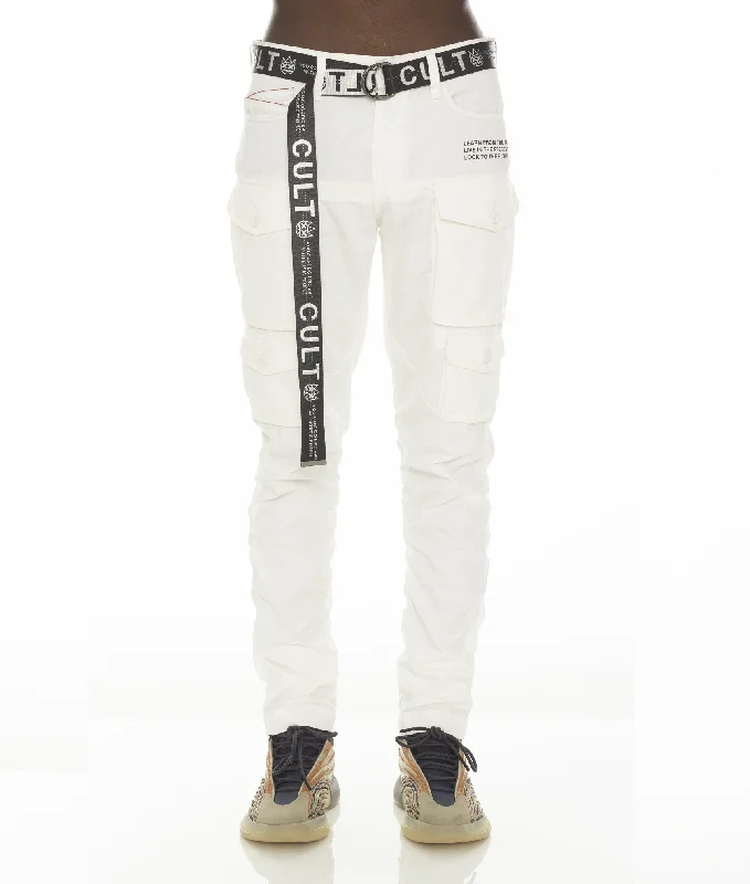 men's winter trousers-ROCKER CARGO RIDGED W/ WHITE BELT IN WHITE