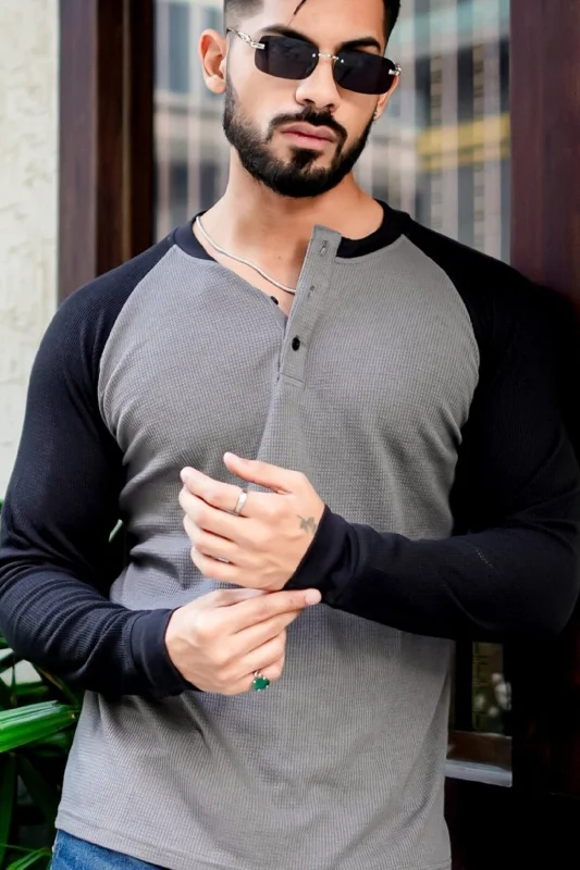 men's linen t-shirts-Grey Black Waffle Ranglan Full Sleeve T-Shirt