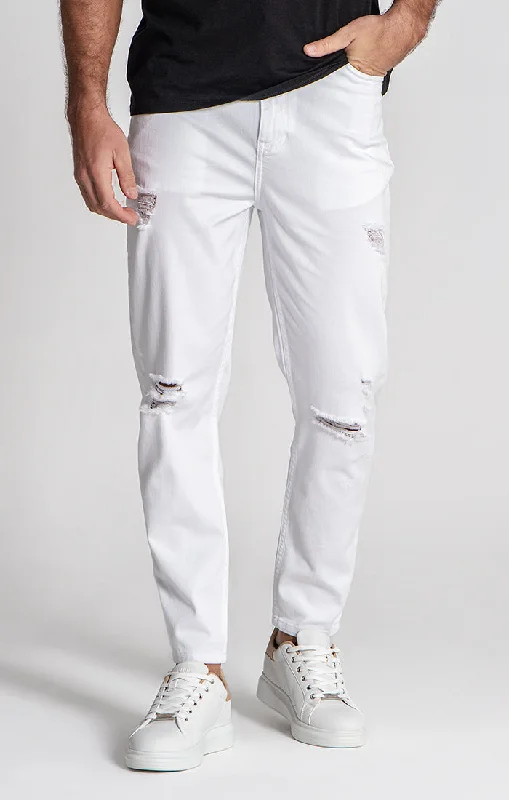 men's skinny pants-White Core Ripped Straight-Leg Jeans