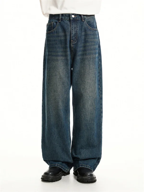 men's wool trousers-Wide Leg Vintage Faded Jeans