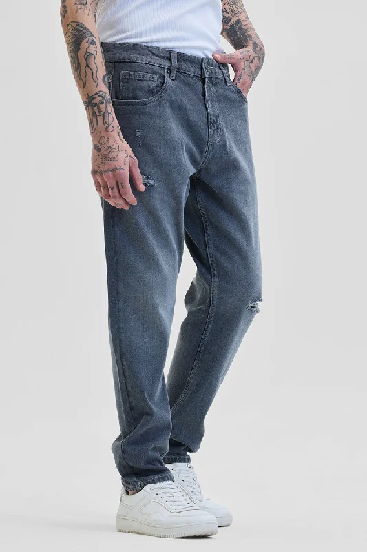 men's summer pants-Grey Distressed Baggy Fit Jeans