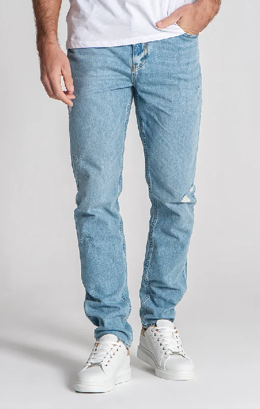 men's cotton pants-Light Blue Ripped Straight-Leg Jeans