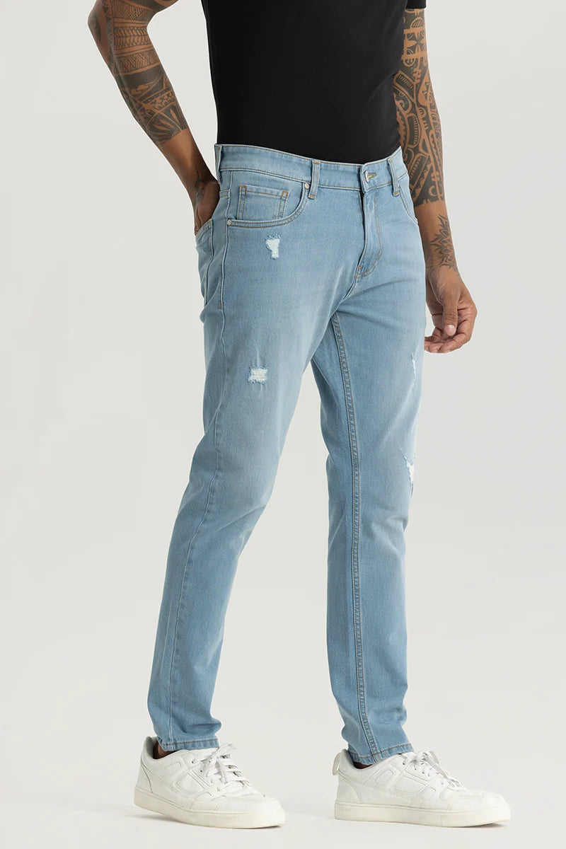 men's flat front pants-Slick Light Blue Distressed Slim Fit Jeans