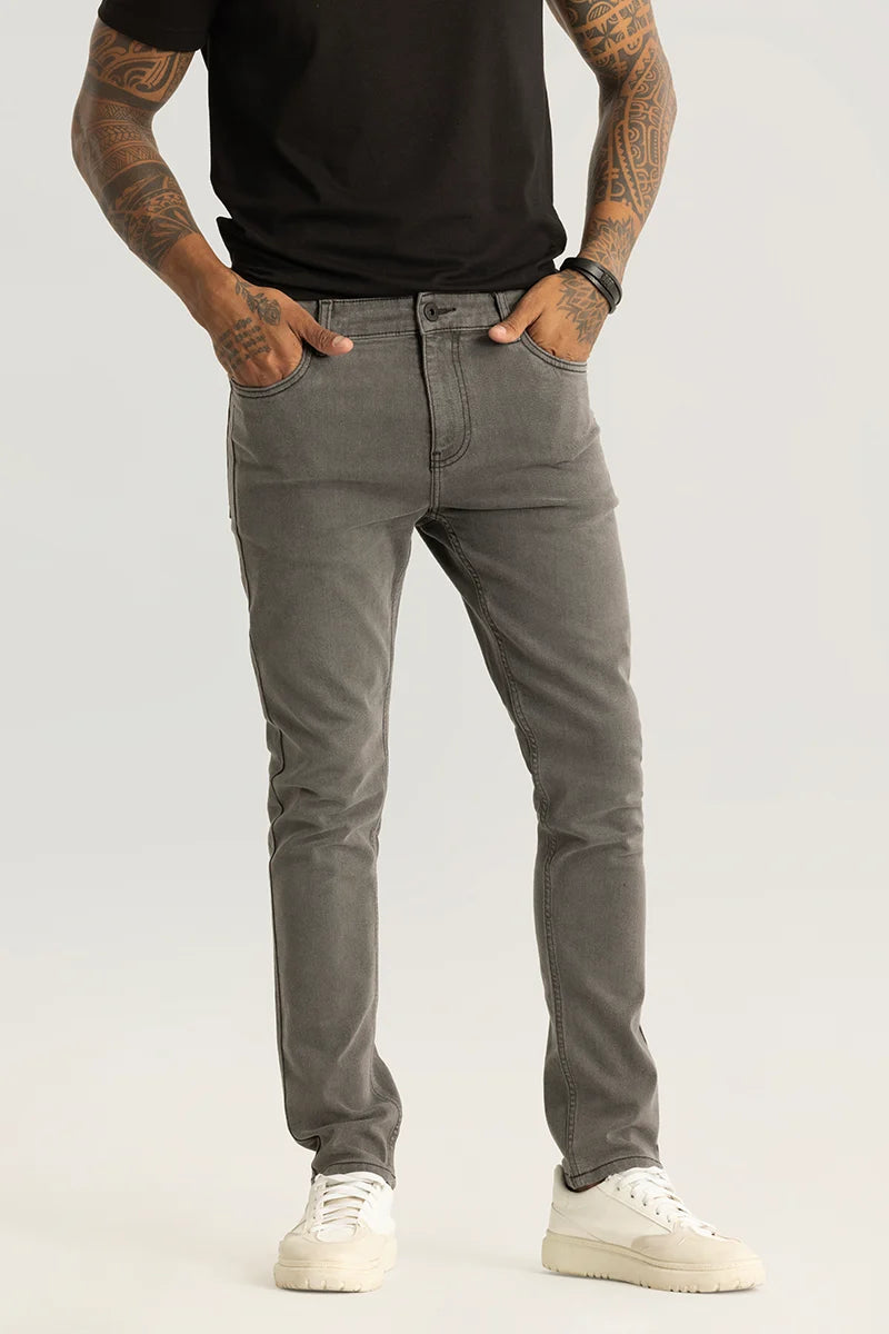 men's fashion trousers-Nexus Light Grey Plain Slim Fit Jeans