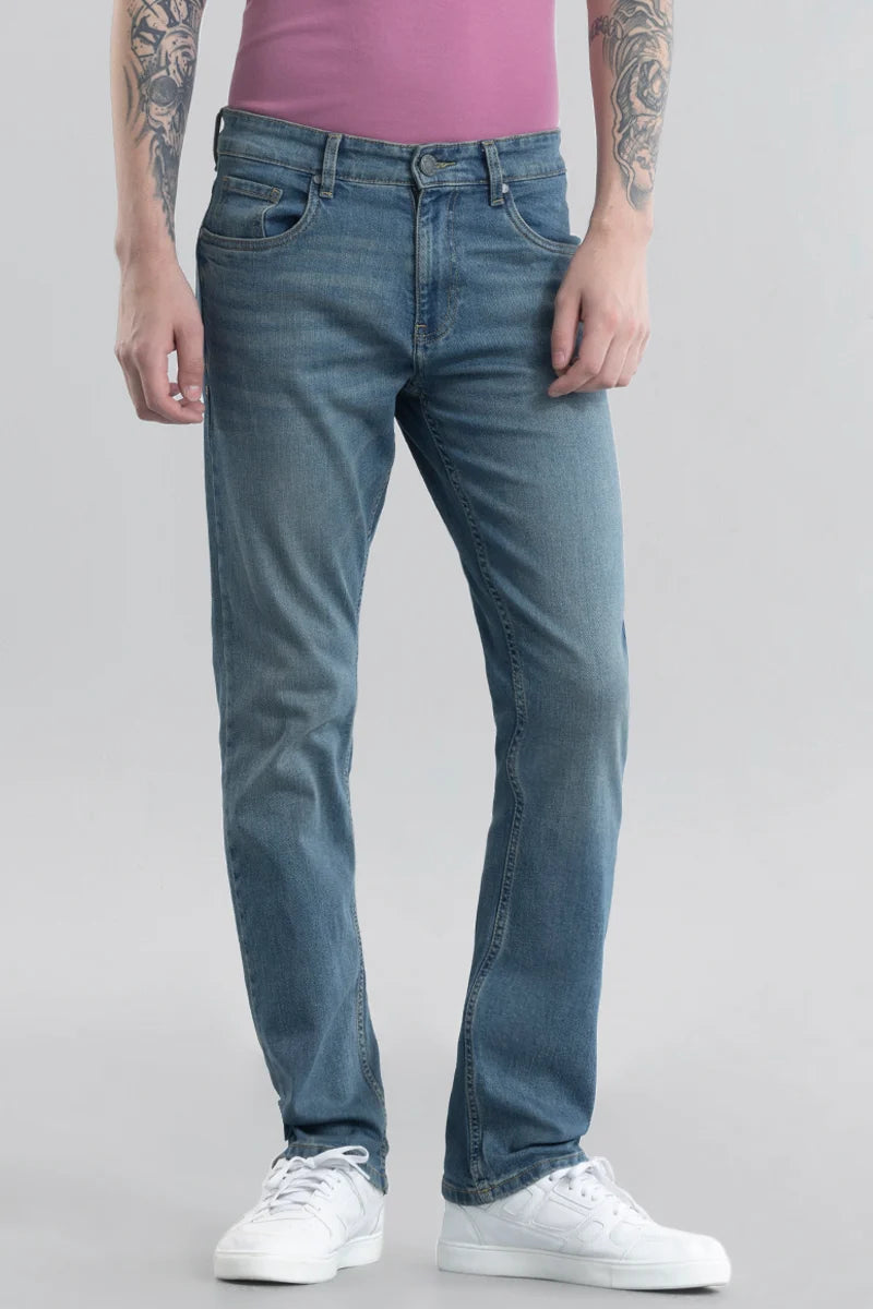 men's high quality pants-Kari Blue Plain Straight Fit Jeans