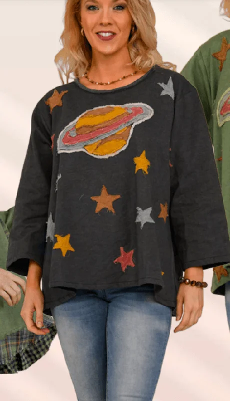 men's polyester sweatshirts-Planet and Stars Fleece 3/4 Sleeve Sweatshirt by PaperLace 290T