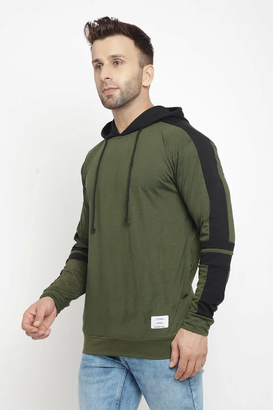 men's street style hoodies-Hooded Full Sleeve Black Olive Color Kangaroo Pocket  T-Shirt