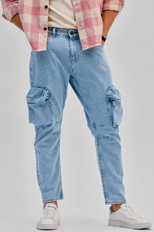 men's UV protection pants-Light Blue Baggy Fit Jeans