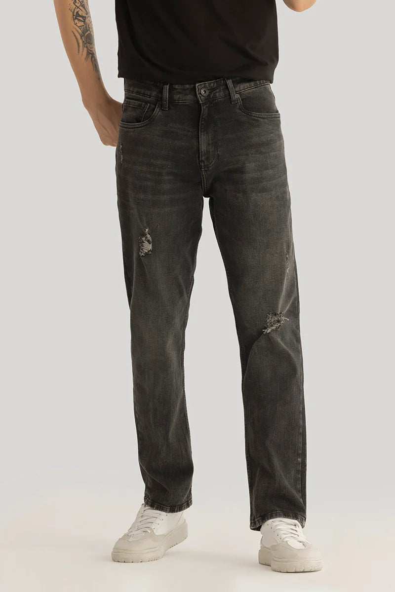 men's casual pants-Ember Grunge Black Distressed Comfort Fit Jeans