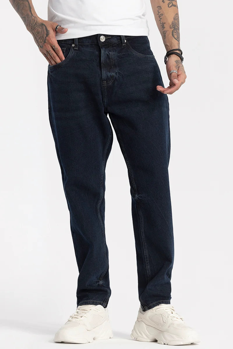 men's eco-friendly pants-Navy Plain Baggy Fit Jeans