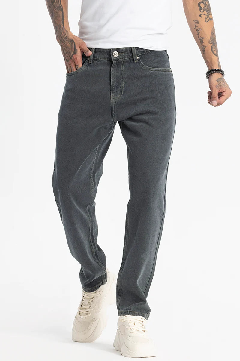 men's wool trousers-Charcoal Grey Plain Baggy Fit Jeans