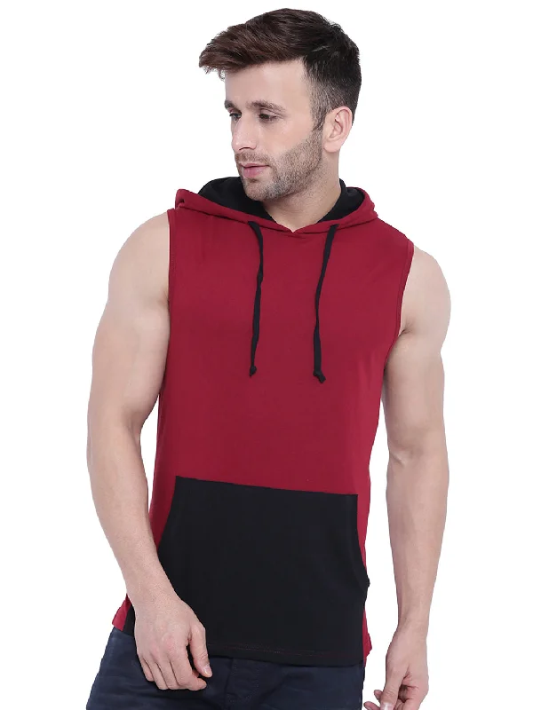 men's comfortable fit hoodies-Maroon/Black Sleeveless Hooded T-shirt