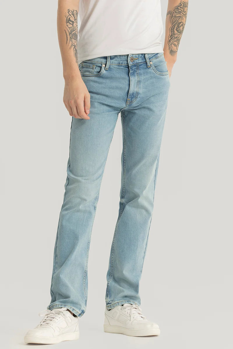 men's sleep pants-Brigitte Light Blue Plain Straight Fit Jeans