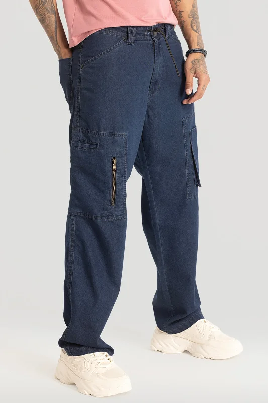 men's sport trousers-Dark Blue Plain Baggy Fit Jeans