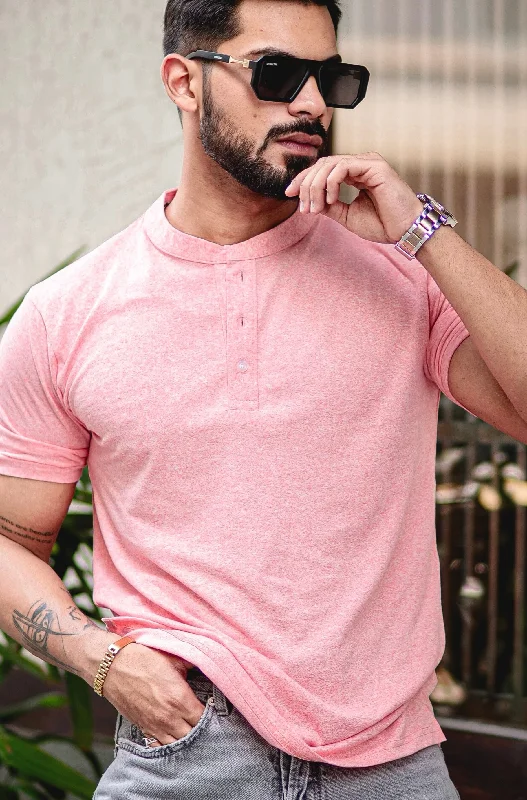 men's versatile t-shirts-Pink Self Design Henley T-Shirt