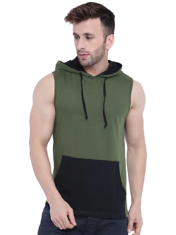 men's lightweight travel hoodies-Olive Green/Black Sleeveless Hooded T-shirt