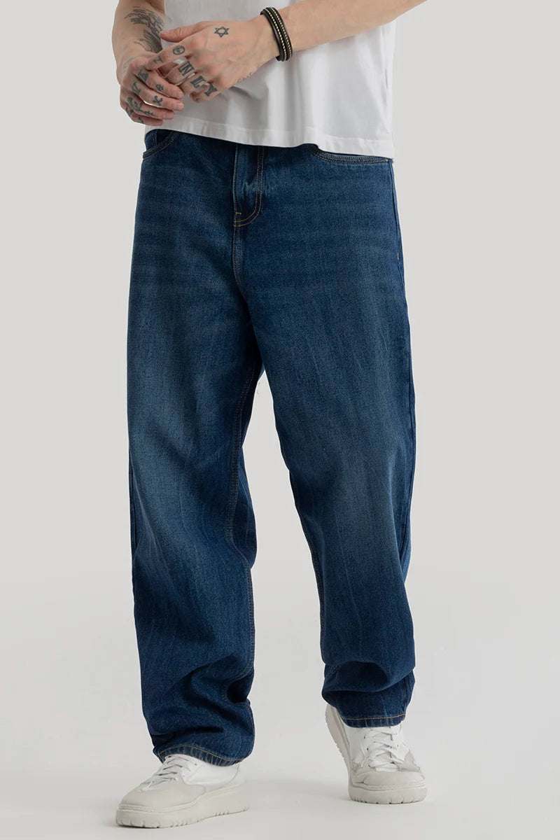 men's regular fit trousers-Lars Dark Blue Loose Fit Jeans