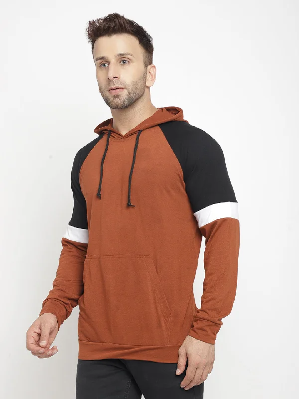 men's durable hoodies-Hooded Full Sleeve Brown Color Block Kangaroo Pocket  T-Shirt